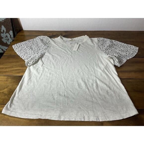 Anthropologie T.La Flutter Sleeve Knit Top White Woven Polka Dot Sleeves XL NWT - Picture 1 of 10
